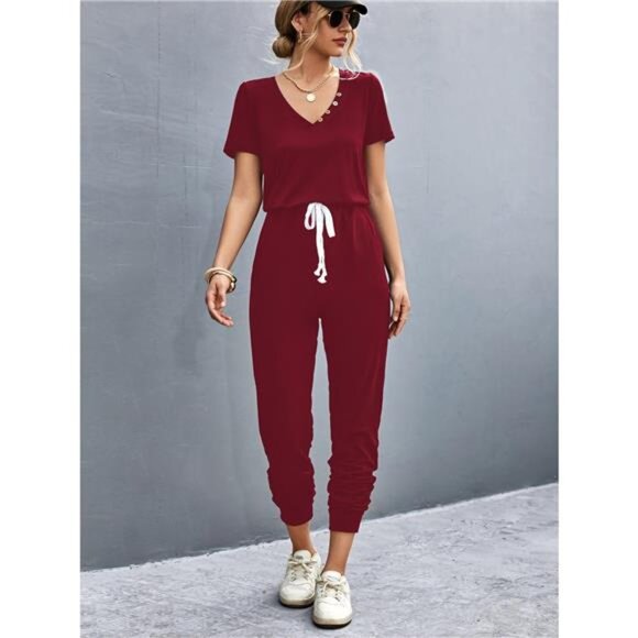Casual V-Neck Short Sleeve Drawstring Waist Jumpsuit - Picture 3 of 7